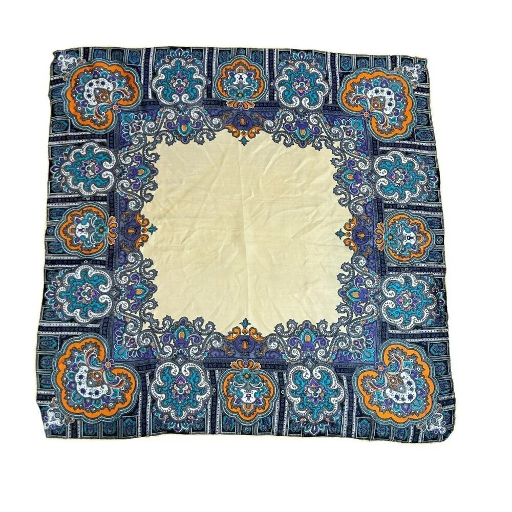 Vintage 100% Silk Colorful Edge Oversized Foulard Paisley Hand Rolled Scarf